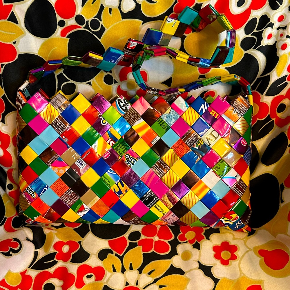Ladies, handmade shoulder bag with juice and candy box carton from the Caribbean